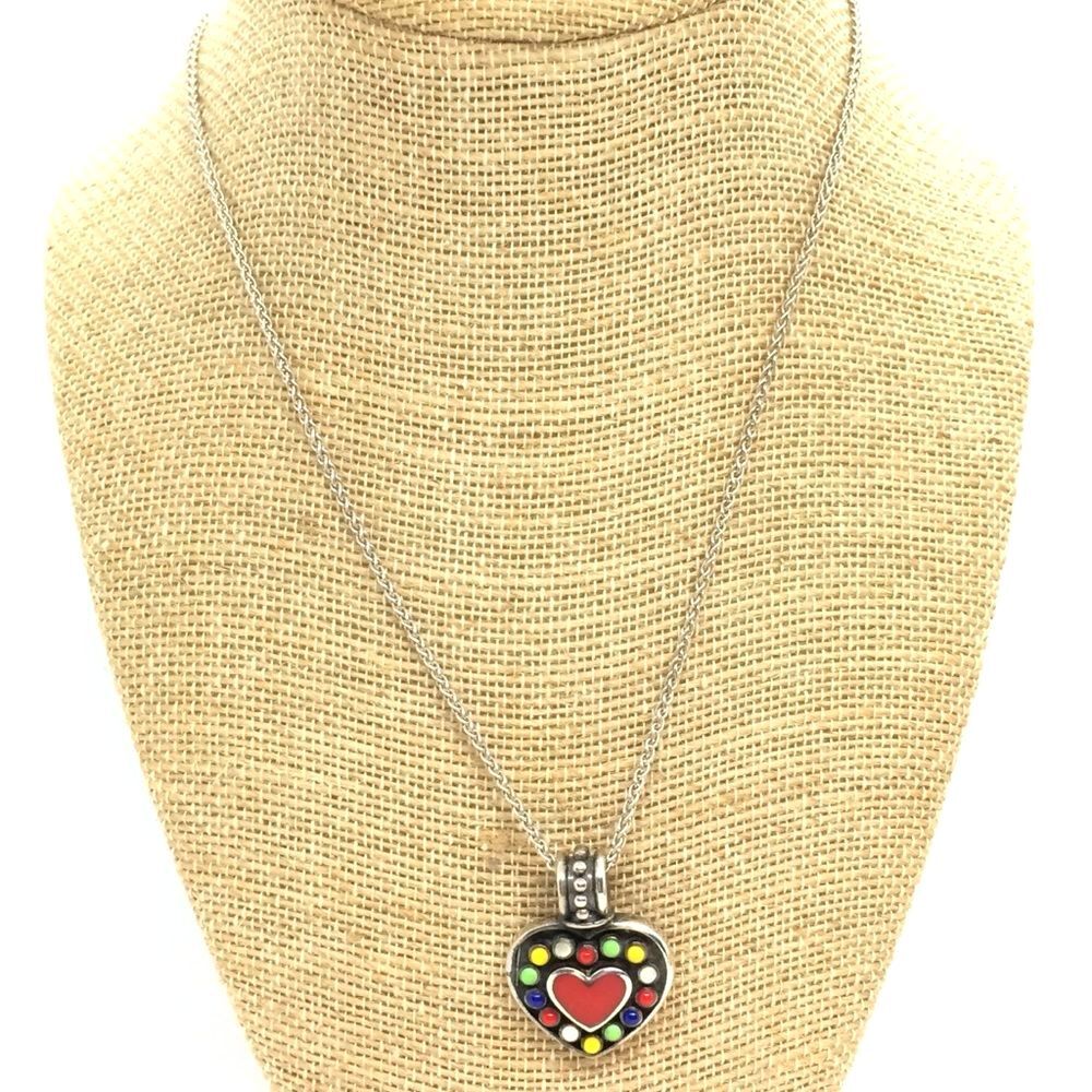 Sterling Silver Heart Necklace 925 Multicolor Art Glass Inlay Vintage
